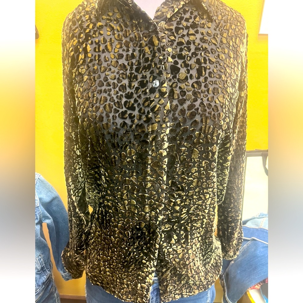 Gantos Vintage Silk & Velvet Like Sheer Black & Gold Blouse! SZ-S fits M EUC